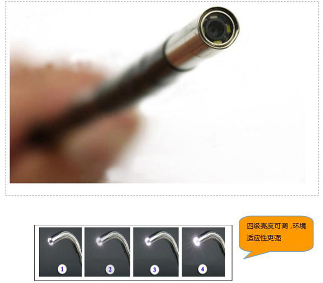 采用進(jìn)口攝像頭，45萬(wàn)像素，成象效果好，照明無(wú)死角，無(wú)光斑