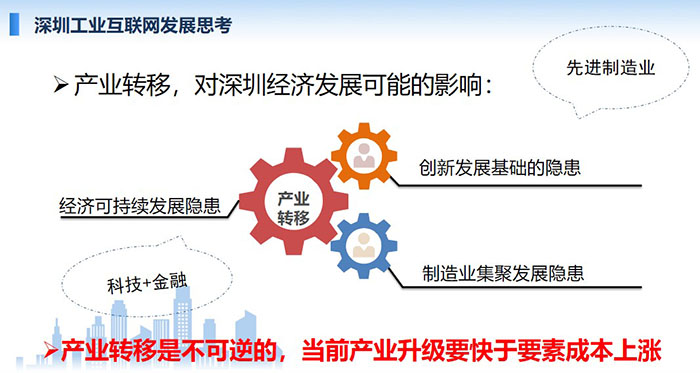 產(chǎn)業(yè)轉(zhuǎn)移，對深圳經(jīng)濟發(fā)展可能的影響：創(chuàng)新發(fā)展基礎的隱患、經(jīng)濟可持續(xù)發(fā)展隱患、制造業(yè)集聚發(fā)展隱患；產(chǎn)業(yè)轉(zhuǎn)移是不可逆的， 當前產(chǎn)業(yè)升級要快于要素成本上漲