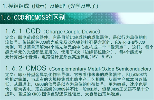內(nèi)窺鏡成像模組CCD和CMOS的區(qū)別：CCD（Charge&nbsp;Couple&nbsp;Device） 定義：即電荷耦合器件，它是目前比較成熟的成像器件，是以行為單位的電 流信號(hào)。傳統(tǒng)彩色CCD感光單元及濾色鏡的排列是方形的，以G-R-G-B型CCD 為例，可以簡(jiǎn)單理解為4個(gè)感光單元的中心點(diǎn)構(gòu)成一個(gè)“像素點(diǎn)”，這樣，每個(gè) 感光單元的光值都是復(fù)用的，使用了4次（邊緣部位除外），每4個(gè)感光單 元計(jì)算出4個(gè)像素。電路設(shè)計(jì)復(fù)雜要高壓供電(15V -8.5V)  CMOS（Complementary&nbsp;Metal-Oxide&nbsp;Semiconductor） 定義：即互補(bǔ)型金屬氧化物半導(dǎo)體。它被看作未來的成像器件，因?yàn)镃MOS結(jié) 構(gòu)相對(duì)簡(jiǎn)單，與現(xiàn)有的大規(guī)模集成電路生產(chǎn)工藝相同，從而生產(chǎn)成本可以降 低。從原理上，CMOS的信號(hào)是以點(diǎn)為單位的電荷信號(hào)，更為敏感，速度也更 快，更為省電。現(xiàn)在高級(jí)的CMOS并不比一般CCD差，但是CMOS工藝還不是十分 成熟，普通的&nbsp;CMOS&nbsp;圖像色彩還原性較差，太容易出現(xiàn)熱噪點(diǎn)。